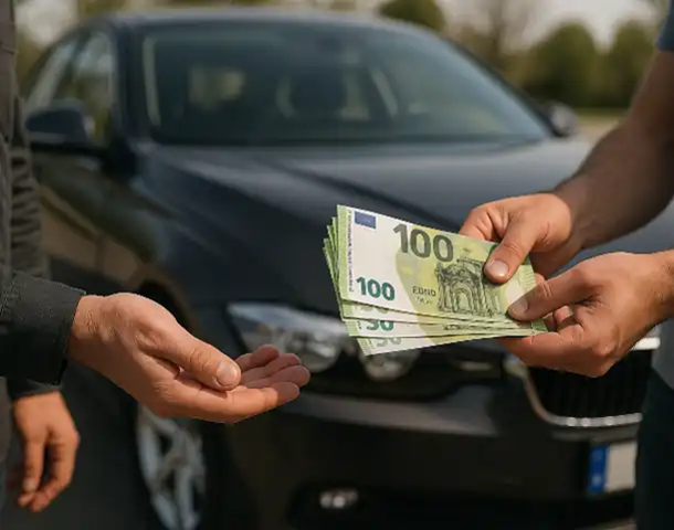 Ein Kunde erhält in Jena beim Autoankauf den vereinbarten Barkaufbetrag für sein Fahrzeug.